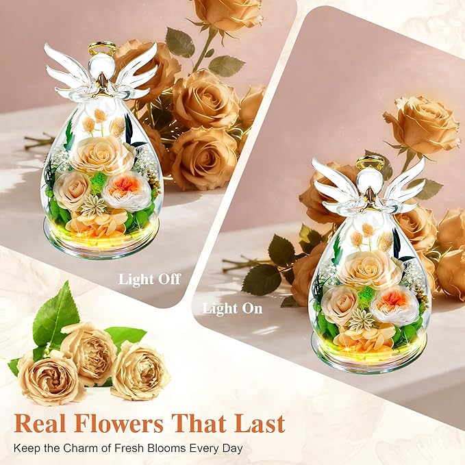 MOKOQI Gifts for Mom Birthday Gifts for Women | Forever Rose Preserved Flower in Glass Fresh Flowers for Delivery Prime, Real Rose Angel Figurine Mother’s Day Gift for Mother in Law Grandma Sister