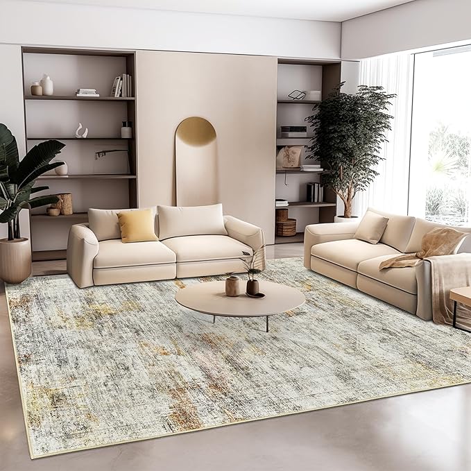 Soalmost Washable Area Rug 8x10, Large Soft Abstract Rugs for Living Room Vintage 8x10 Area Rugs for Bedroom Dining Room Non-Slip Stain Resistant Under Table Gray Rust Rug