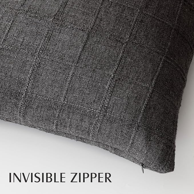 Foindtower Set of 2 Decorative Linen Check Throw Pillow Covers Neutral Farmhouse Lumbar Cushion Covers Modern Boho Home Decor for Sofa Chair Couch Bedroom Living Room,12×24 Inch,Charcoal