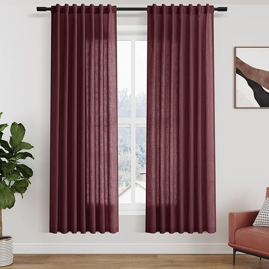 Nanspring Burgundy Linen Curtains 72 Inch Length for Living Room Semi Sheer Light Filtering Door Drapes 2 Panels Set for Kids Bedroom Light Filtering Back Tab Rod Pocket Modern Farmhouse Decor 52x72