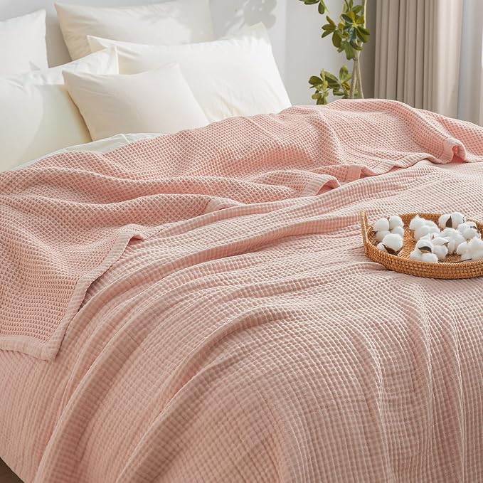 PHF 100% Cotton Waffle & Muslin Blanket King Size, Soft Breathable Luxury 400GSM Versatile Reversible Bedding for Bed, Great for Layering in Cold Weather, Home Decor Gift, 104" x 90", Rose Smoke