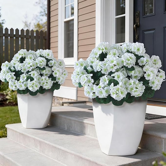 GLIDLION 24 Bundles Artificial Geranium Flowers for Spring Summer Decor, UV-Resistant Fake Plants Realistic Faux Silk Bouquets for Front Door Farmhouse Garden Porch Home Outdoor Decor (White)