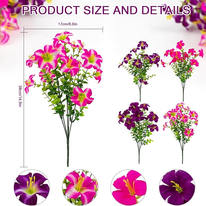 Daynight Faux Petunias Artificial Flowers Plants for Outdoor Plant Decoration,Fake Petunias Realistic Silk Flowers for Porch Yard Garden Window Indoor Decor. (16, Rosered,RedViolet)