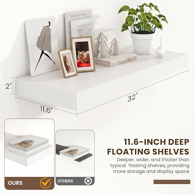 FLYJOE 32 Inch Floating Shelves, 12 Inch Deep Floating Shelves Set of 2, 32''W x 12''D White Wood Shelves for Wall, Bathroom Available, Engineered Wood, Mounting Hardware Included