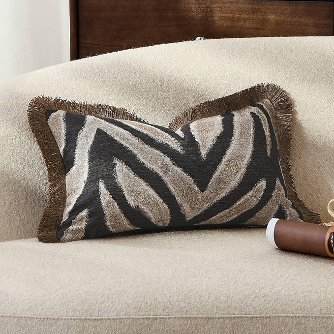 Luxury Zebra Lumbar Pillow Cover with Brown Tassel Trim, Zebra Pattern Jacquard Design Decorative Pillow Case for Sofa Bedroom Living Room, 12x20 Inch (Single Pack)