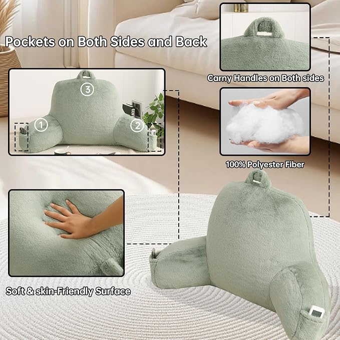 Large Plush Backrest Pillow for Sitting in Bed,Faux Fur,Green | 19" Back Pillow with Arms Supports Adults,College Students,Elbows & Forearms for Dorm Reading,Gaming,Watching TV