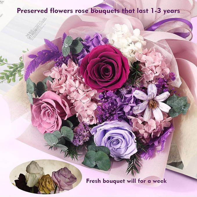Flowers for Delivery Prime Preserved Flower Bouquet That Last 3-5 Years Real Forever Rose Bouquet for Her Women Wife Grandma Girlfriend Anniversary Birthday Mothers Day Gifts for Mom(Purple)