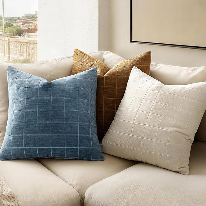MIULEE Decorative Chenille Check Throw Pillow Covers Vintage Plaid Couch Pillows 20x20 Inch Set of 2 Neutral Boho Farmhouse Cushion Covers Modern Spring Coastal Decor for Sofa Bed Living Room Blue