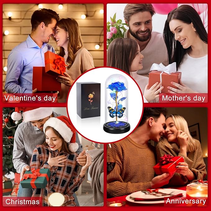 Mothers Day Rose Gifts for Mom Birthday Gift for Women, Rechargeable Galaxy Glass Rose in Glass Dome Crystal Eternal Roses Butterfly Mother's Day Flowers Gifts for Women Mom Wife Grandma Daughter Blue