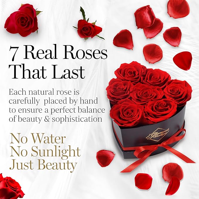 GLAMOUR BOUTIQUE 7 Flower Forever Heart Shape Box, Eternal Preserved Roses Gift for Her, Lasting Flowers, Petite Floral Heart Box for Birthday, Anniversary or Valentine’s Day, Red (Color-Treated)