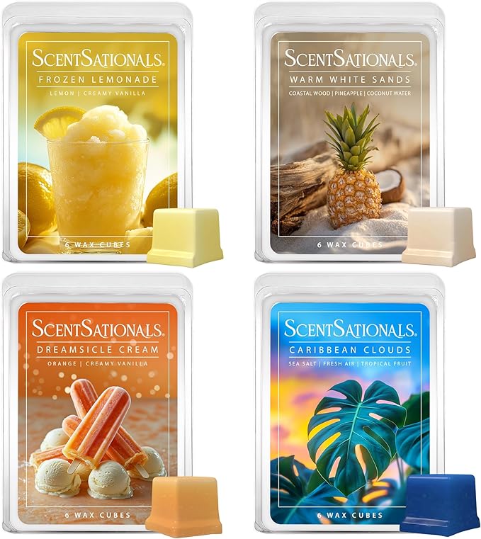 Scentsationals Wax Melts Staycation 4-Pack – Long Lasting Wax Cubes with Strong Scent for Warmers – Includes Frozen Lemonade, Caribbean Clouds, Warm White Sands & Dreamsicle Cream – 10oz (24-Cubes)