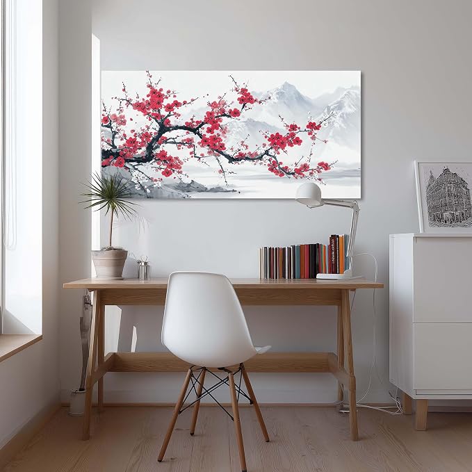 Red Plum Blossom Tree Wall Art for Living Room Canvas Oil Painting Prints Beautiful Blooming Flower Floral Mountain Landscape Art Deco Nature Artwork Office Bedroom Family Dining Room Decor Large