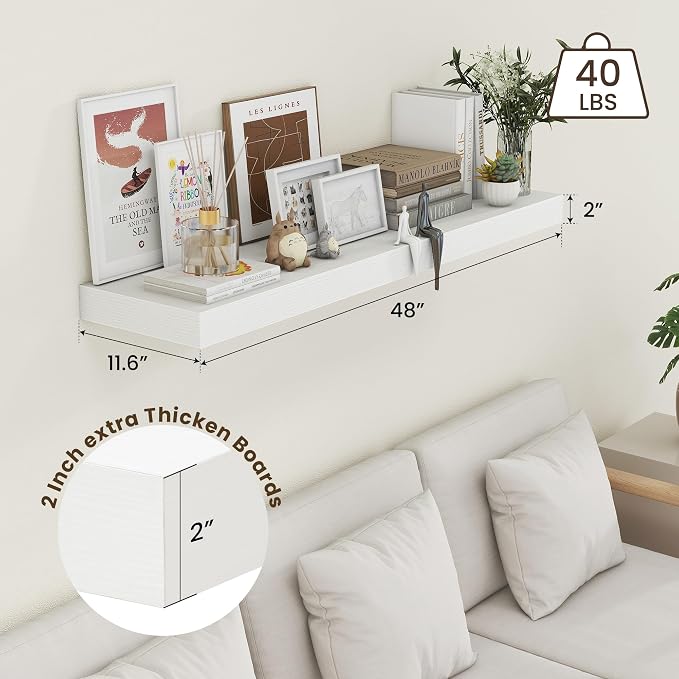 FLYJOE Deep Floating Shelves, 48 Inch White Shelves Set of 1 | 12 Inch Deep Shelves for Wall, 48'' x 12'' Rustic White Wood Shelves for Bathroom Living Room Laundry Room Kitchen