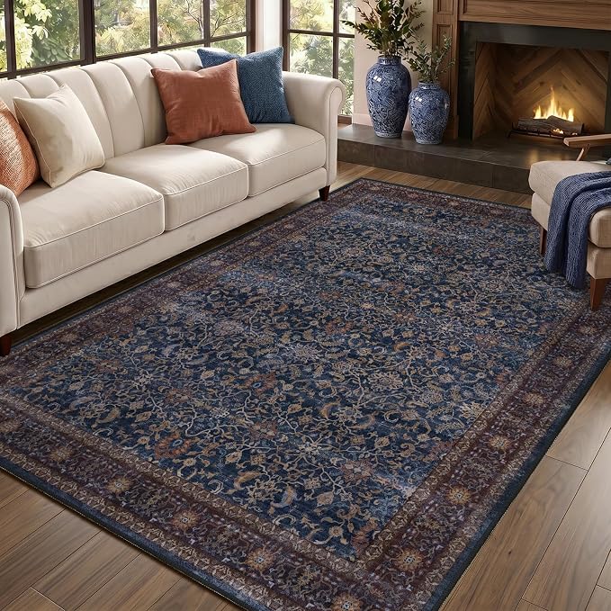 Dark Blue 5x7 Area Rugs, Vintage Old Money Aesthetic Maximalist Print Rugs for Living Room Bedroom, Washable Non Slip Ultra Thin Carpet Rug for Dining Room Home Office