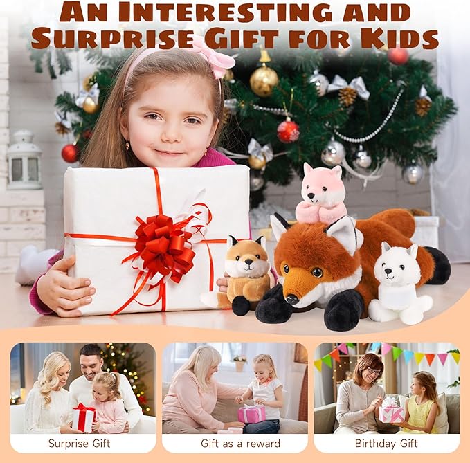 4 in 1 Fox Stuffed Animal Plush, 19" Large Mommy Stuffed Red Fox Toy with 3 Baby Stuffed Foxes Inside, Huggable Fox Plushies Pillow Gifts for Kids Christmas Birthday Party Favor