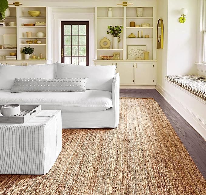 Hand Woven Jute Rug 10x14 Feet Rectangle - Handcrafted Braided Design, Indoor & Outdoor Reversible Natural Fiber Rug - Rustic Farmhouse Carpet for Living Room, Hallway, Bedroom (Natural, 10'x14')