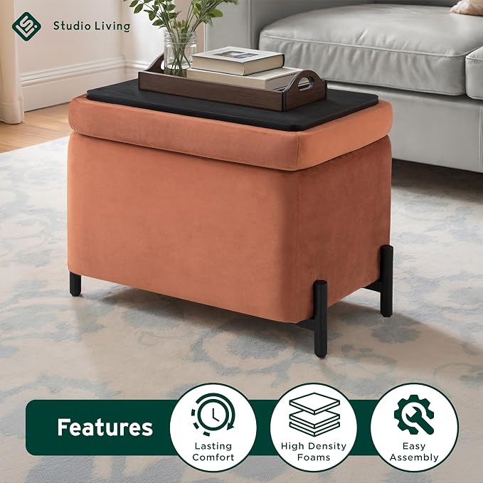 Studio Living® Connor 24" Small Storage Ottoman, Modern Boho, Matte Black Metal Legs, Velvet Fabric, Rust