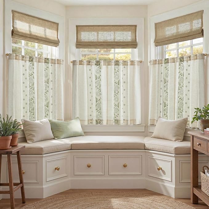jinchan Winslow Linen Kitchen Curtains 36 Inch Length Small Window Curtains Embroidered Bordered Floral Drapes Light Filtering for Bathroom Laundry Room Farmhouse Decor Green on Beige 2 Panels