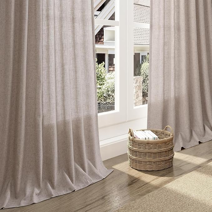 Nanspring Brownish Grey Linen Curtains for Living Room 112 Inches Long Back Tab Light Filtering Semi Sheer Curtain Modern Farmhouse Decor for Bedroom Office Luxury Textured Drapes 52x112, 2 Panels