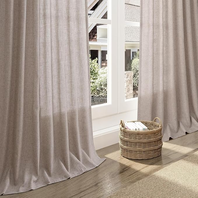 Nanspring Brownish Grey Linen Curtains for Living Room 98 Inches Long Back Tab Light Filtering Semi Sheer Curtain Modern Farmhouse Decor for Bedroom Office Luxury Textured Drapes 52x98, 2 Panels