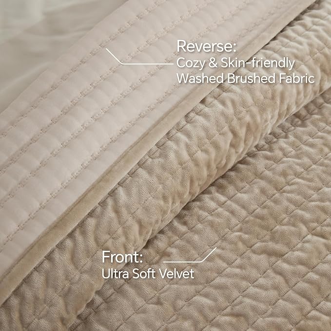 BEDELITE Velvet Quilt Set Queen Size - Luxury Soft Velvet Comforter Bedding Set for All Season, Lightweight Quilted Channel Stitch Oversized Bedspread Coverlet with 2 Matching Shams, Taupe