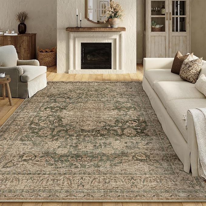8x10 Washable Area Rug Green Brown Vintage Non Slip Soft Low Pile Rug for Living Room Bedroom Dining Room Office Distressed Oriental Indoor Large Throw Carpet for Home Decor