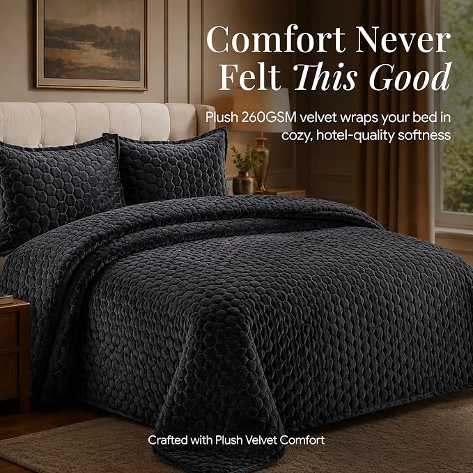 Tribeca Living Lugano Oversized Velvet Quilt Set - All Season, Extra Large, 2 Piece Twin Size Comforter Set with 1 Pillow Sham in Steel Grey Honeycomb Pattern 260GSM