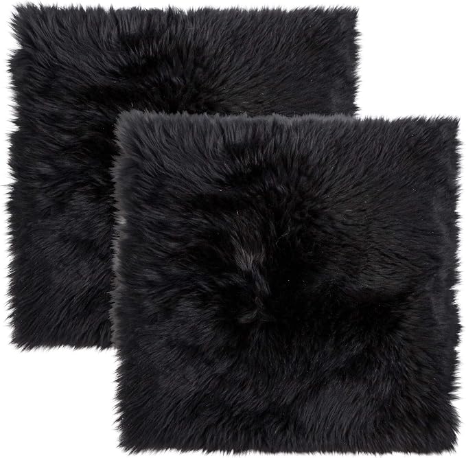 Set of 2, Natural Sheepskin Chairpad with Non-Slip Backing | 100% Real New Zealand Wool Sheepskin for Car Seat, Accent Chair, or Vanity Chair, Black