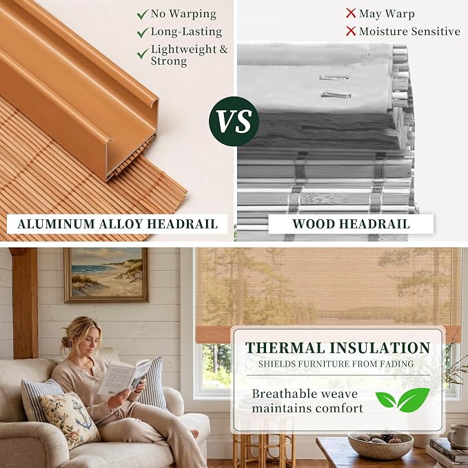 HESTIA No Drill Cordless Bamboo Roman Shades with Matching Valance, Light Filtering Natural Woven Roll Up Blinds for Living Room, Dining Room, and Sunroom, 36.5" W X 64" H