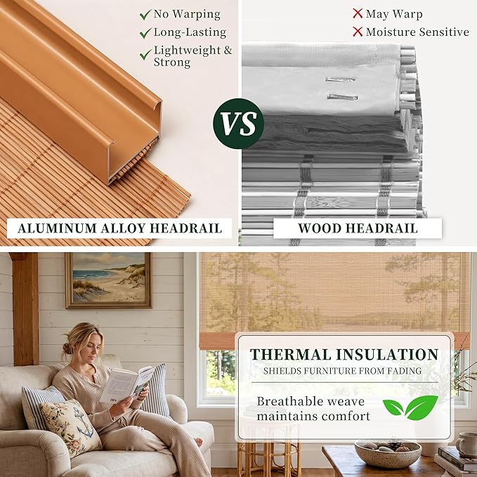 HESTIA No Drill Cordless Bamboo Roman Shades with Matching Valance, Light Filtering Natural Woven Roll Up Blinds for Living Room, Dining Room, and Sunroom, 27.5" W X 64" H
