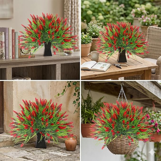 Rowfad 22 Pcs Artificial Outdoor Flowers Fake Outdoor Plants Monkey Grass with Red Flowers for Pot Decor for Window Garden Patio Hanging Planter Pathway Front Porch (22, Red)