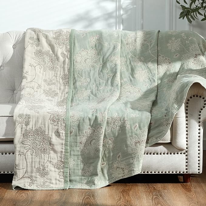 jinchan Boho 100% Cotton Muslin Twin Size 60x80 Inches Blanket Lightweight 4-Layer Quilted Soft Green and Beige Floral Throw Blanket Reversible Comfy Flower Breathable All Seasons Couch Bedroom Decor