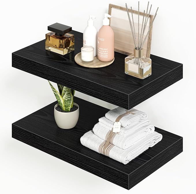 Heimlove 16 inchs Floating Shelves for Wall Set of 2,Black Shelf for Small Bathroom,Bedroom,Living Room,Kitchen,Modern Home Decor,Rustic Farmhouse Wall Shelves with Invisible Brackets