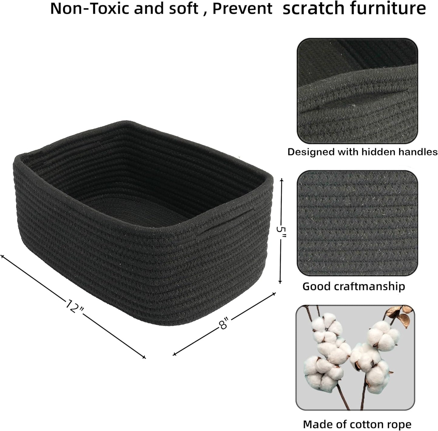 Small Woven Storage Baskets 12“X8”X5“ Decorative Rope Bins for Organizing Shelves, Closets, and Toys, Empty Gift Baskets, Cute Organizer Basket for Home and Office (black, regular)