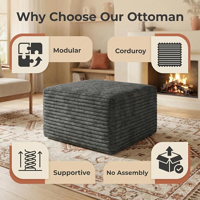 37.4" Charcoal Plush Corduroy Ottoman, Upholstered Cloud Ottoman for Boneless Couch in a Box, Modular Sectional Couches for Living Room Bedroom, Compressed Memory Foam, No Assembly Require, Dark Grey