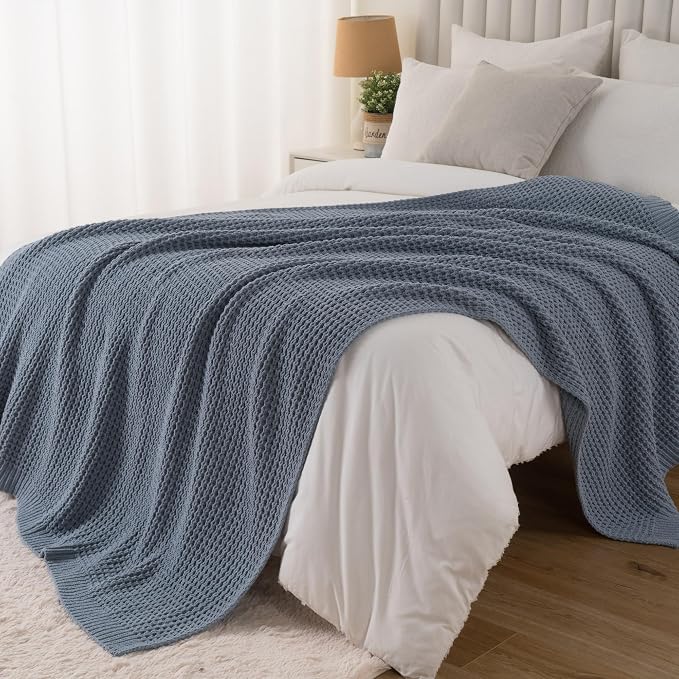 Bunnikins & Clover Blue Grey Throw Blanket for Couch, Thick Warm Soft Cozy Knitted Chenille Throw Blanket for Sofa, Bed, Living Room, 50"x60"