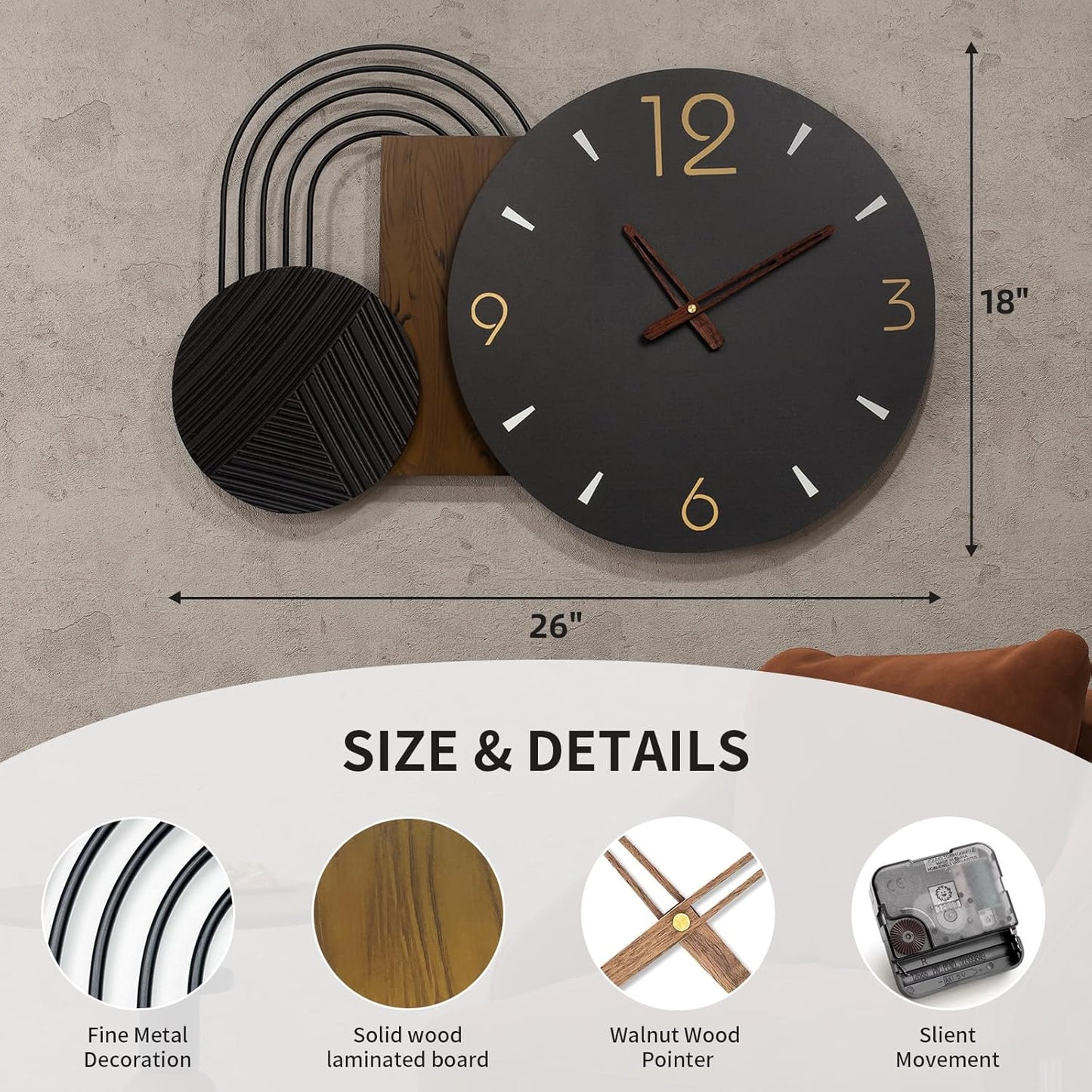 Wall Clock Modern Battery Operated Black Big Clocks Metal& Wood Retro Style Large Wall Watch Metal Walnut Dial Wall Clock Perfect for Modern Home,Office 26inchX18inch