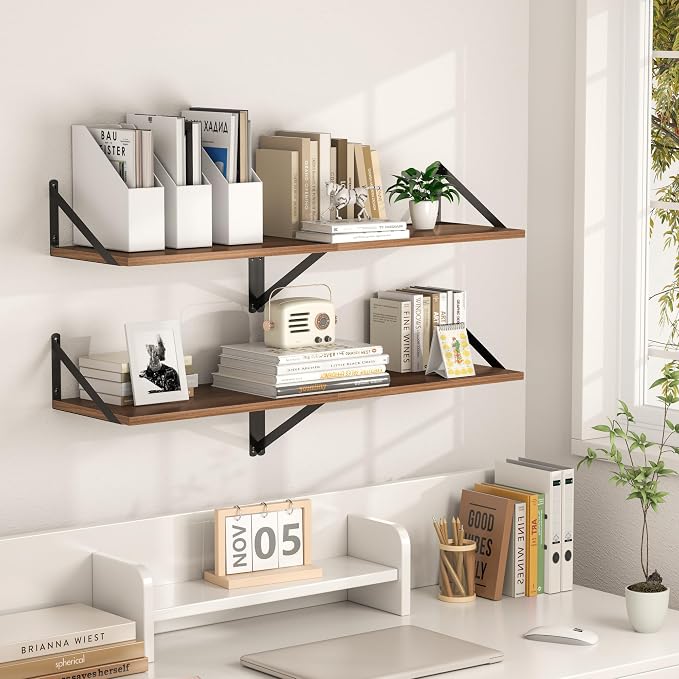 Heimlove 12 Inch Deep Floating Shelves for Wall, 20W x 12D Wood Wall Shelves Set of 2, Walnut Wide Floating Bookshelf for Living Room, Kitchen, Office, Bedroom, with Black Metal Bracke - Walnut