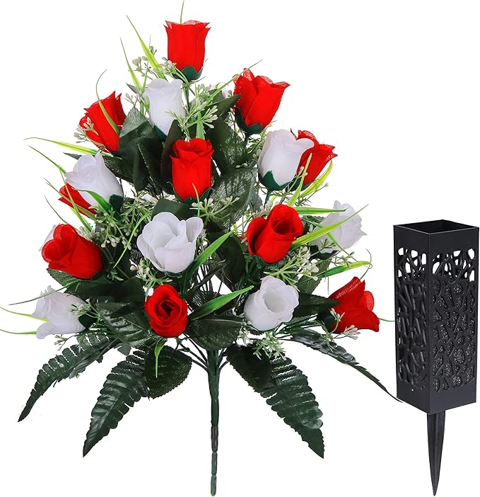 LVXINLI 2 Sets Artificial Cemetery Flowers,Outdoor Grave Decorations Roses,Beautiful Arrangements Bouquet with Cemetery Vase,Lasting and Non-Bleed Colors (White+Red)