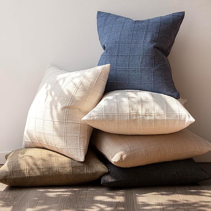 Foindtower Set of 2 Decorative Linen Check Throw Pillow Covers Neutral Farmhouse Vintage Cushion Covers Modern Boho Home Decor for Sofa Chair Couch Bedroom Living Room,24×24 Inch,Charcoal