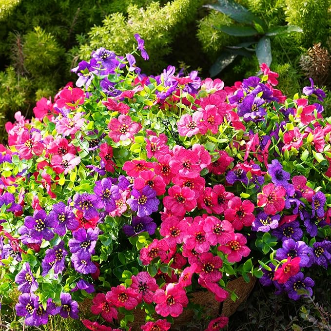 trytuny Artificial Flowers for Outdoor, UV Resistant Fake Silk Flowers, Realistic Faux Plants for Outside Indoor Porch Patio Window Box Planter Home Decor (14, Yellow Purple Rosy Red)