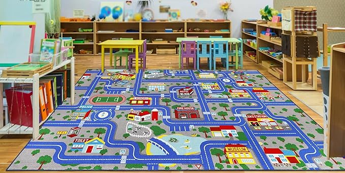 Capslpad Blue Car Road Kid Rug Carpet Playmat for Playoom Traffic Road Kids Play Mat for Toddler Non Slip Washable City Map Race Track Carpet Rug for Kids Room Playroom Classroom Decor,6.6'x9.8'