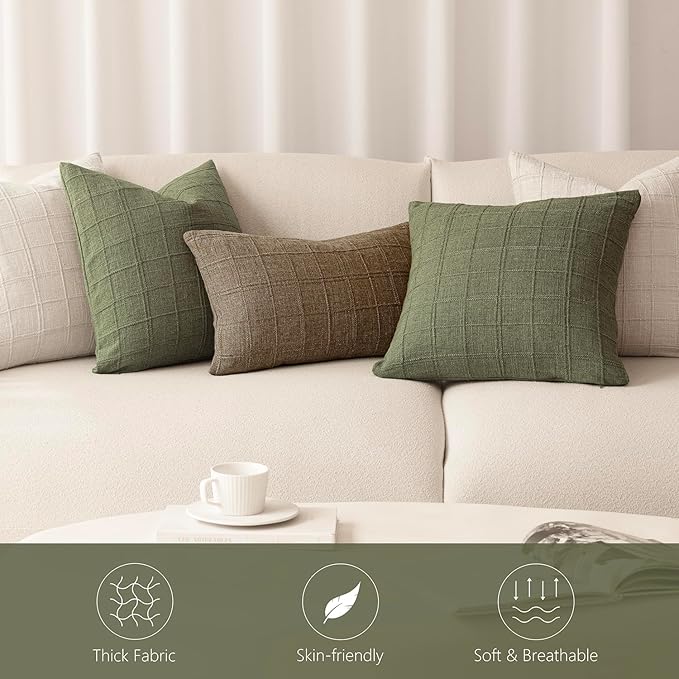 Foindtower Set of 2 Decorative Linen Check Throw Pillow Covers Neutral Farmhouse Vintage Cushion Covers Modern Boho Home Decor for Sofa Chair Couch Bedroom Living Room,24×24 Inch,Sage Green