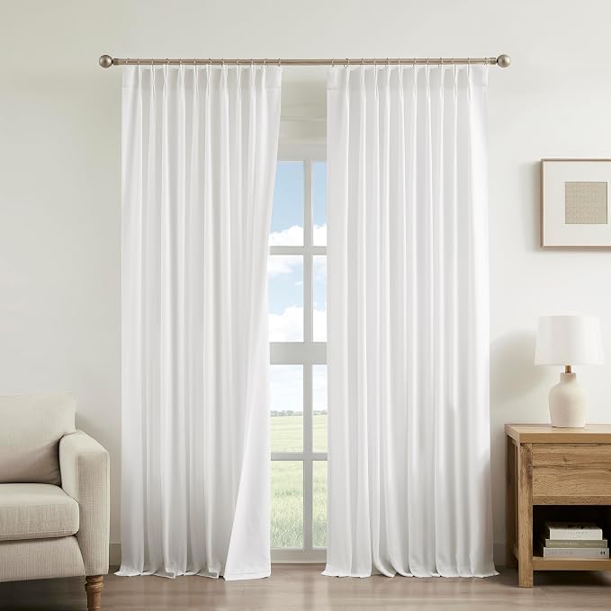 Vision Home White Pinch Pleated Light Filtering Curtains 60" Wx84 Lx2 | Microfiber Liner, Linen Blended, Privacy Drapes, Back Tabs with Ring Hooks, 2 Panels, for Living Room Bedroom Sliding Door