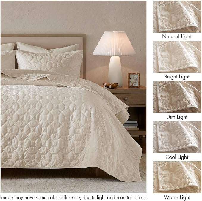 Madison Park Harper Quilt Set Velvet Casual Geometric Stitching Design All Season, Lightweight Coverlet, Cozy Bedding, Matching Shams, Full/Queen(90"x90"), Ivory 3 Piece