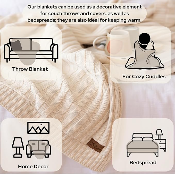 100% Organic Cotton Knit Blanket Denise -Soft and Lightweight, Breathable All-Season Throw for Bed, Sofa, or Lounge Area -GOTS Certified-Perfect for Home and Bedroom Styling (Earth Ivory, 60x80)