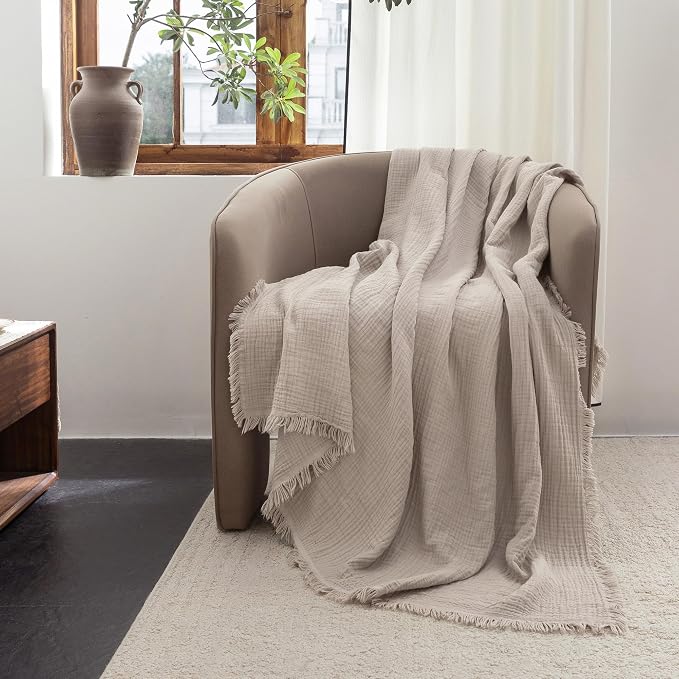 FOSSA Muslin Blanket 4-Layer 100% Cotton Gauze Blanket with Fringe 66"x90" | Super Soft Breathable Lightweight All Season & Decorative Blanket or Bed, Sofa, Office (Beige Gray,Twin XL)