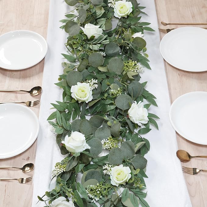 2 Pack 13Ft Artificial Spring Eucalyptus Flower Garland with White Roses, Fake Flower Greenery Floral Green Garland Vines for Wedding Arch Table Runner Backdrop Mantle Home Decorations (White)