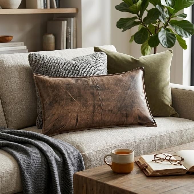 Genuine Leather Pillow Cover Case for Lumbar Throw Couch Pillows - Modern Farmhouse Decorative Sofa Thick & Soft Cushion Covers (Jungle Distressed, 12" x 20")