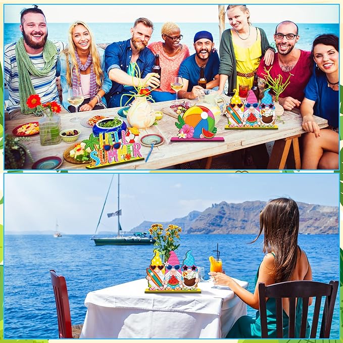 Cinnvoice 6 Pcs Summer Table Decorations Wooden Table Centerpieces Rustic Wood Tabletop Sign Decorations for Home Kitchen Office Farmhouse Desk Shelves Party Tiered Tray Decor